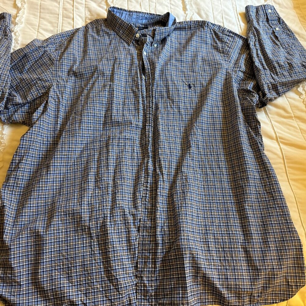 Ralph Lauren Mens 4X Blue Plaid Button Down Long Sleeved Shirt